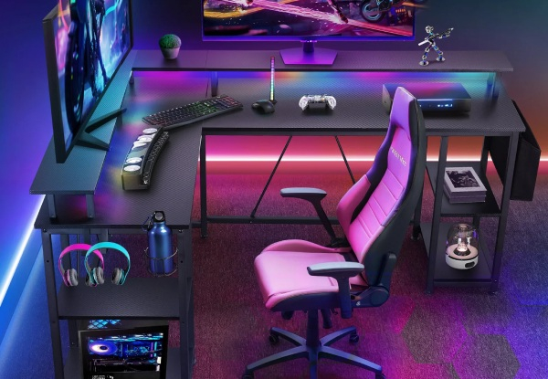 L-Shaped Gaming Desk Table with LED Lights & Storage Shelves