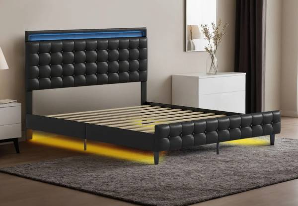Upholstered Bed Frame with LED & Headboard - Available in Two Sizes