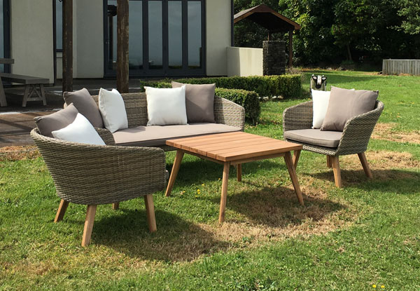 Neva Five-Seater Outdoor Suite with Wooden Coffee Table & Throw Cushions