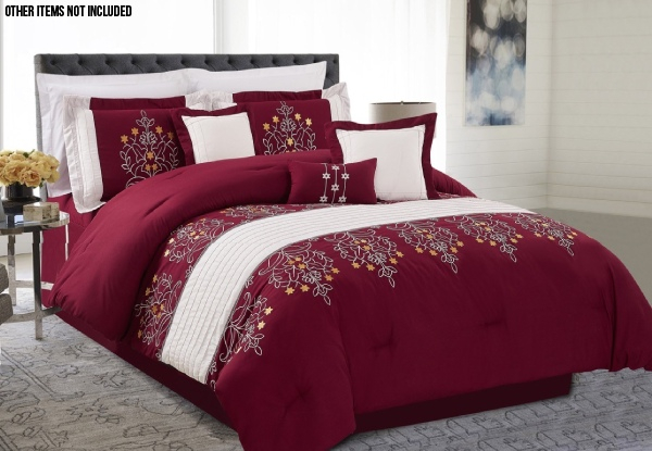 Seven-Piece Embroidered Red Comforter Set - Three Sizes Available
