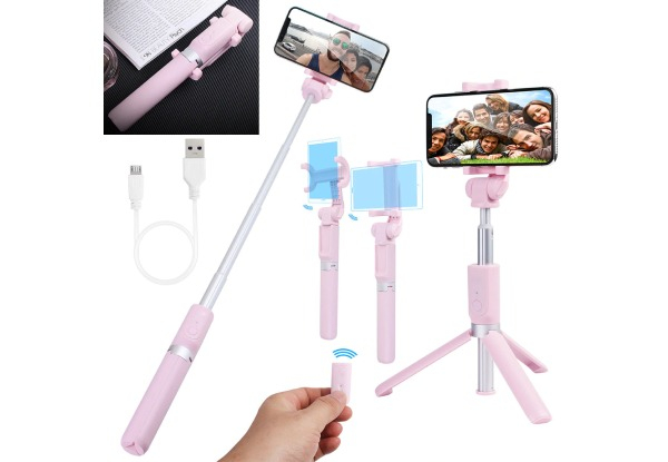 Pink Bluetooth Extendable Selfie Stick Tripod with Remote Compatible with iOS & Android