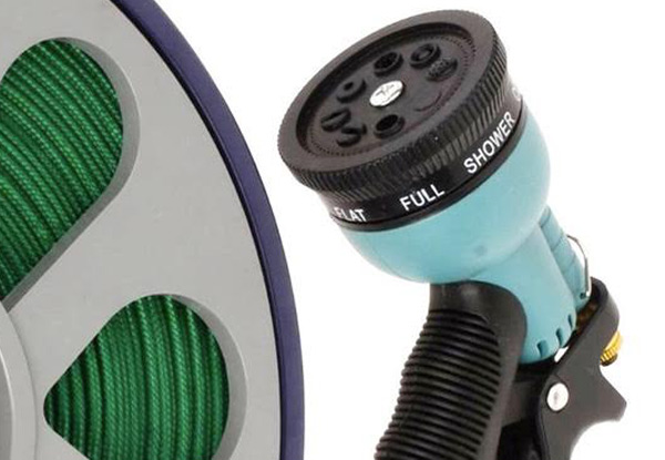 15-Metre Flat Garden Hose with Seven-Function Spray Nozzle