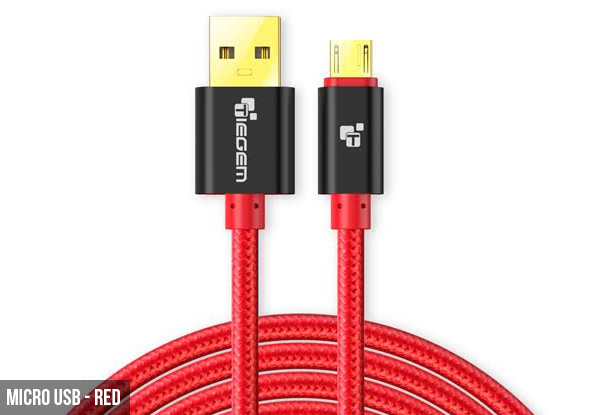 Two-Metre Lightning, Micro USB or Type C Charging Cable - Two Colours Available with Free Cable Organiser