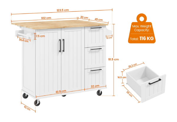 Kitchen Cart Island with Wood Top - Available in Two Colours
