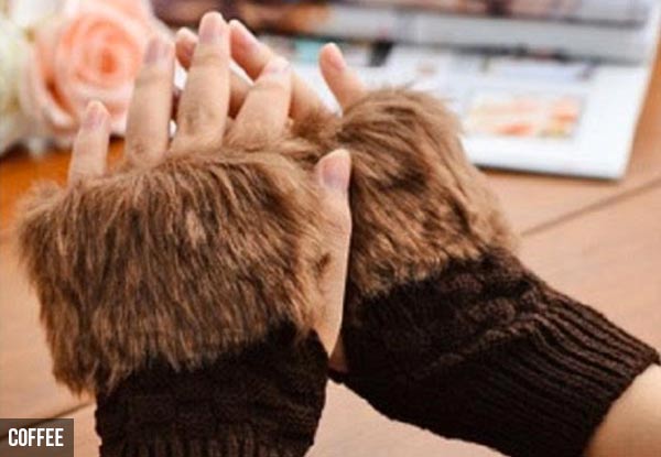 Pair of Knitted Faux Fur Fingerless Gloves - Five Colours Available