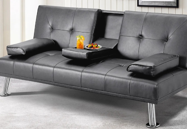 Three-Seater Convertible PU Leather Sofa Bed with Cup Holders - Two Colours Available