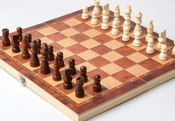 Three-in-One Folding Wooden Chessboard Checkers Gaming Set