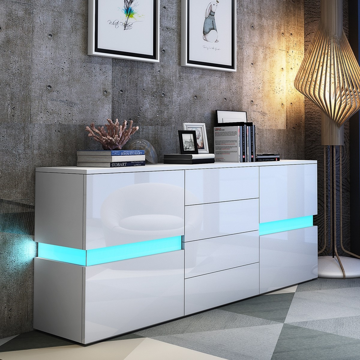 Modern LED Buffet Sideboard Cabinet with Two Doors & Four Drawers