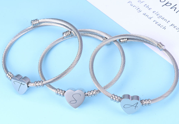 Stainless Steel Heart Initial Bangle Bracelet