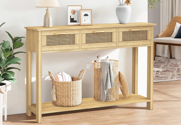 Narrow Console Table with Three Rattan Drawers