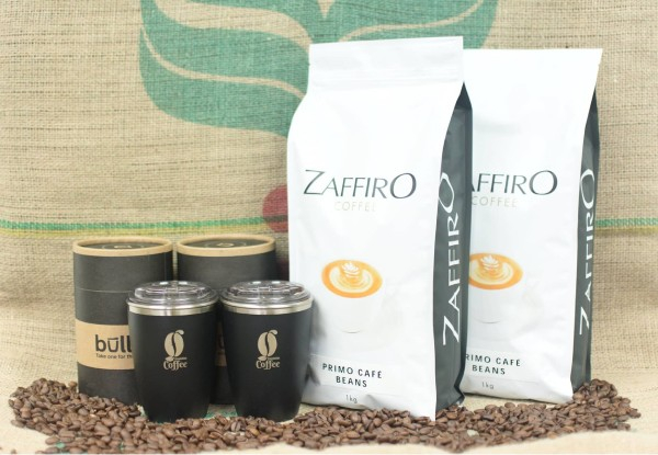 2kg Holiday Coffee Gift Pack of Zaffiro Primo Café Beans incl. Two 8oz Reusable Cups