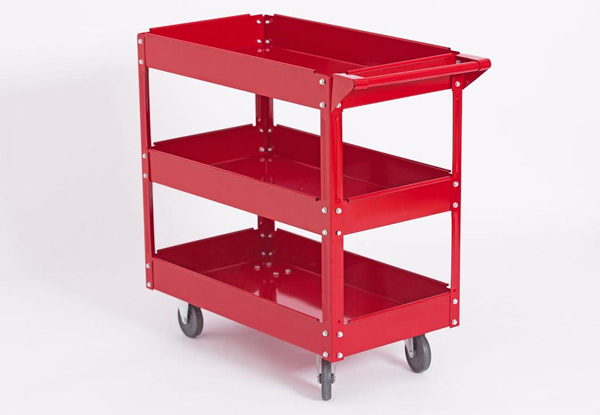 Red Three-Tray Metal Tool Cart