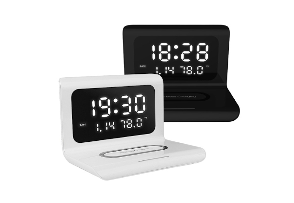 LED Alarm Clock with Wireless Charger - Two Colours Available