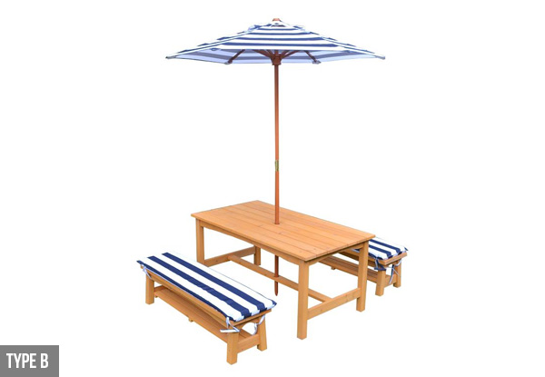 Kids Sized Wood Outdoor Picnic Table and Umbrella Set