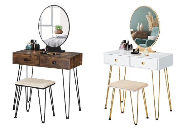 Vanity Dressing Table & Stool Set with Cushioned Chair, Round Mirror & Two Large Drawers - Two Colours Available