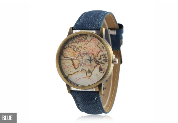 Vintage Style World Map Watch - Seven Colours & Option for Two with Free Delivery