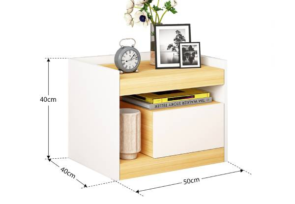 White & Oak Bedside Table with Storage Drawer