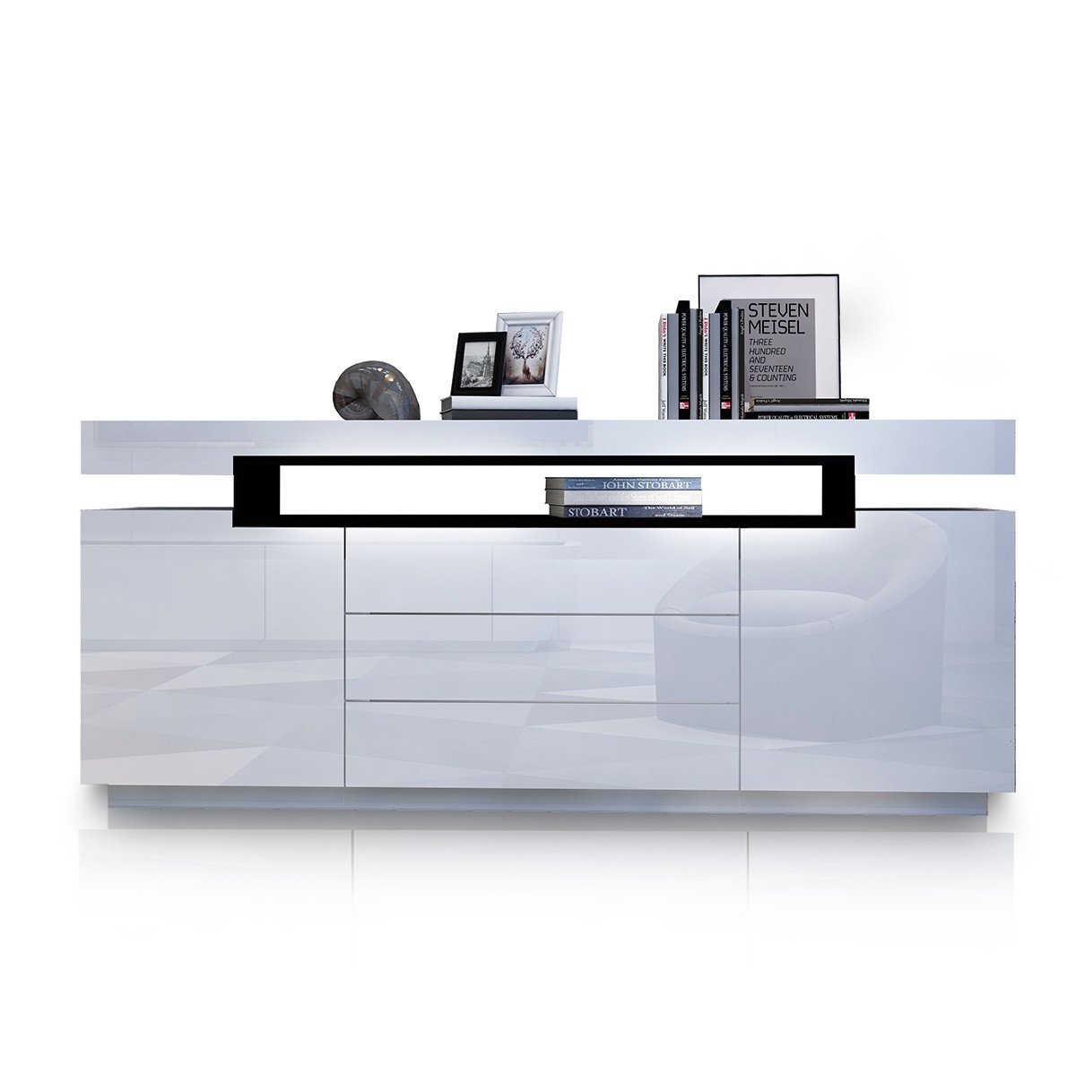 Modern High-Gloss Buffet Sideboard Cabinet with Two Doors & Three Drawers