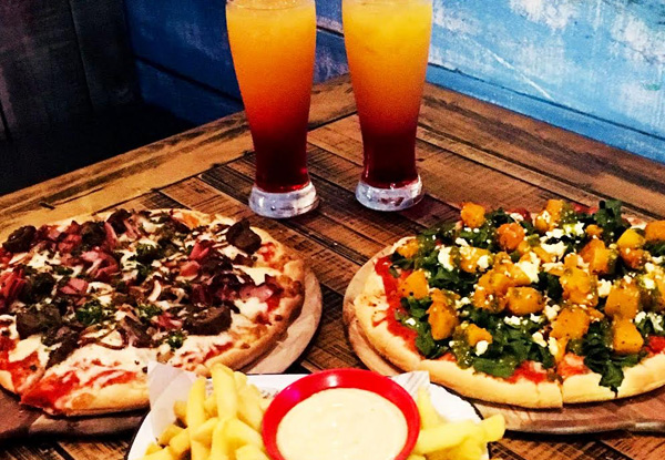 Pizza Feast for Two People incl. Two Pizzas, One Shared Fries & a Non-Alcoholic Drink Per-Person