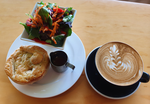 One Hot Pie with a Side Salad of the Day & a Medium Hot Beverage
