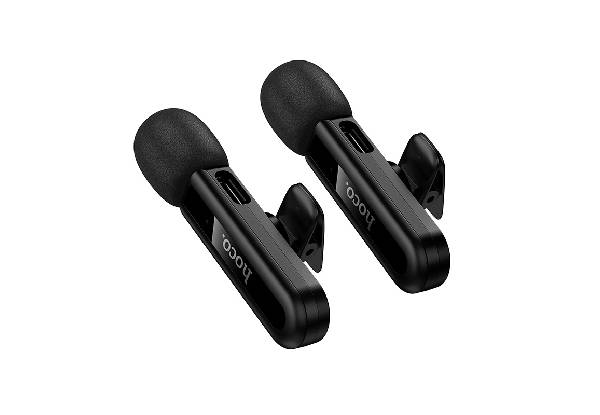 Hoco Dual Wireless Lapel Mic with USB-C Connector, Lightning Adaptor, & DSP Noise Cancellation