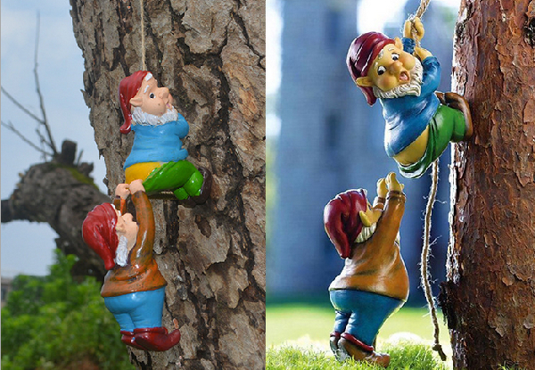 Gnome Climbing Tree Hanging Ornament Set - Two Sizes Available