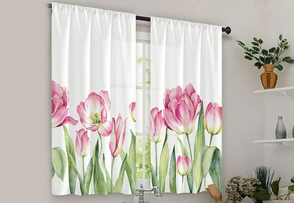 Two-Piece Rod Plant Floral Kitchen Curtains - Available in Three Styles & Three Sizes