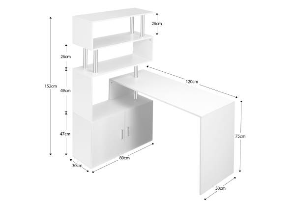 Rotatable L-Shaped Desk with Bookshelf & Two Cabinets