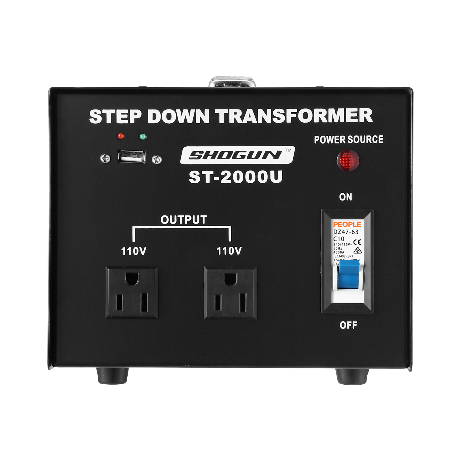 Step Down 240V-110V 2000W Transformer AU to US with Two AC Output Sockets & 5V USB Port