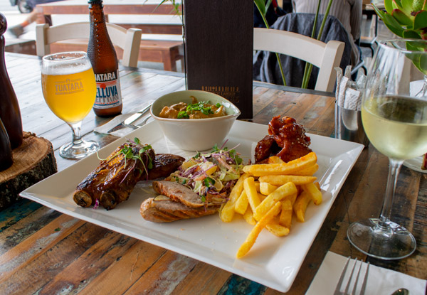 Shared Platter for Two incl. Tuatara Craft Beer or Any Wine Each with Beef Cheek Curry, Spare Pork Ribs, Chips & Sticky Wings - Options for up to Four People