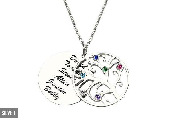 Personalised Family Tree Birthstone Name Necklace in 925 Sterling Silver