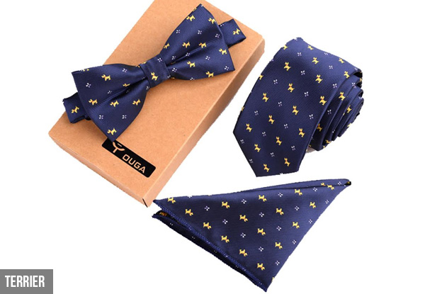 Three-Piece Tie, Bow Tie & Pocket Square Set - Nine Styles Available