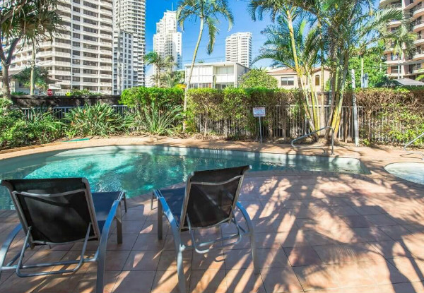 Per-Person, Twin-Share, Five-Night Surfers Paradise Getaway incl. Return Flights, Central Accommodation, Glass of Wine on Arrival, Spa Access & BBQ Area Access - Option for Quad-Share & Seven-Night Stay