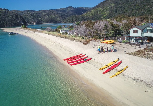 Per-Person Twin-Share Three-Day All-Inclusive Abel Tasman National Park Self Guided Walk incl. All Meals (Breakfast, Lunch & Dinners) Beachfront Lodge Accommodation, Vista Cruise & Transfers - March 2024 to May 2024 Dates Available