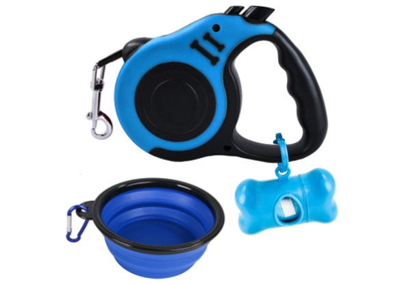 Three-Piece Dog Walking Set incl. Retractable Leash, Collapsing Water Bowl & Waste Bag Holder - Two Colours Available