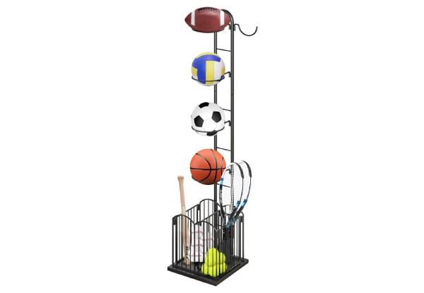 Four-Tier Sports Equipment Storage Rack with Basket