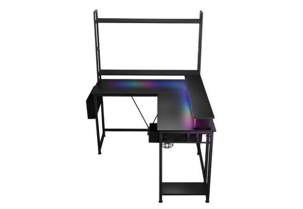 L-Shaped Gaming Desk with LED Lights & Storage