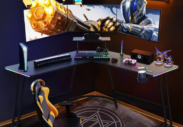 Gaming L-Shaped LED Corner Computer Desk with Wireless Charger & USB Port
