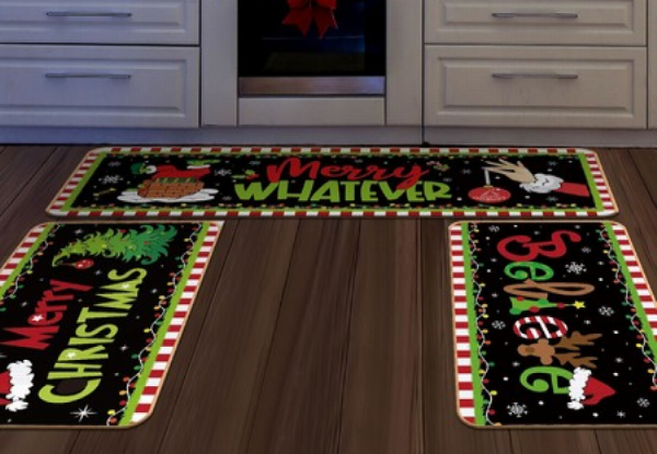 Three-Piece Christmas Washable Non-Slip Kitchen Mat Set - Four Styles Available