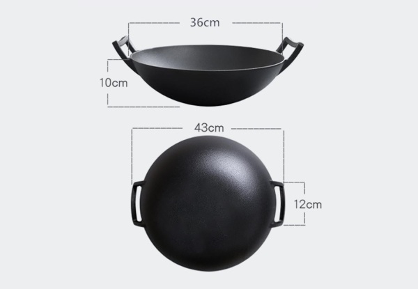 SOGA 36cm Commercial Cast Iron Wok Fry Pan with Wooden Lid