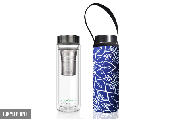BBBYO 500ml Glass in Greener Double Wall Thermal Tea Flask with Carry Cover - Five Styles Available