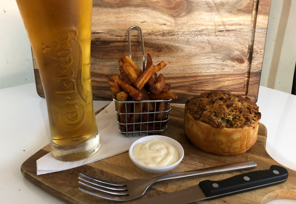 Introducing the Hāngi Pie Served with Kumara Chips, a Cold Glass of Carlsberg and Traditional Steam Pudding with Custard & Cream