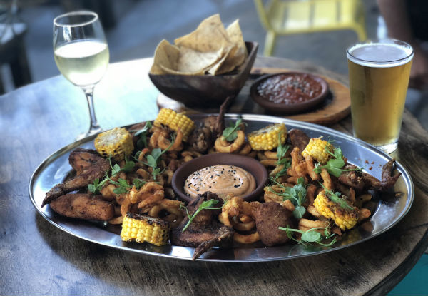 Mexican Platter to Share for Two People incl. Four Chicken Wings, Four Jalapeno Poppers, Two Mexican Street Corn, Papas Fitas & Tortilla Chips with Salsa & Two Beers or House Wines