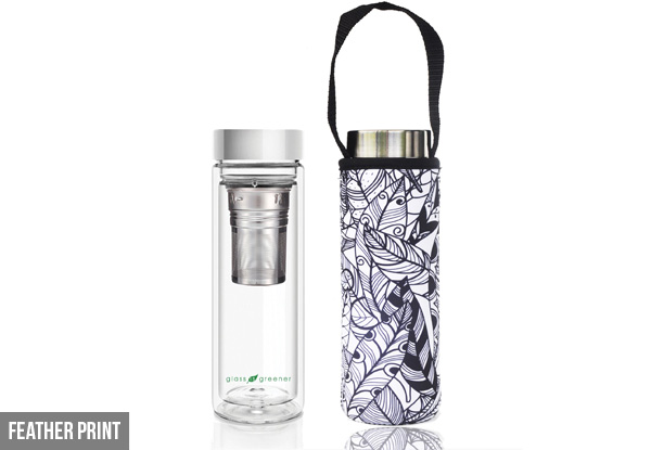 BBBYO 500ml Glass in Greener Double Wall Thermal Tea Flask with Carry Cover - Six Styles Available
