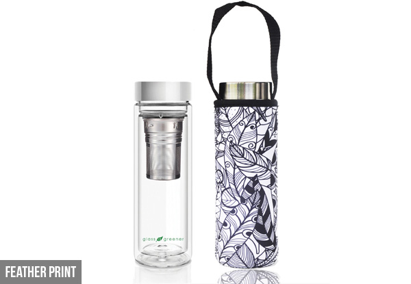 BBBYO 500ml Glass in Greener Double Wall Thermal Tea Flask with Carry Cover - Five Styles Available