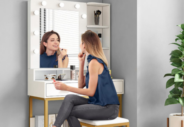 Maxkon Dressing Table Set incl. Nine-Bulb Vanity Mirror & Cushioned Stool