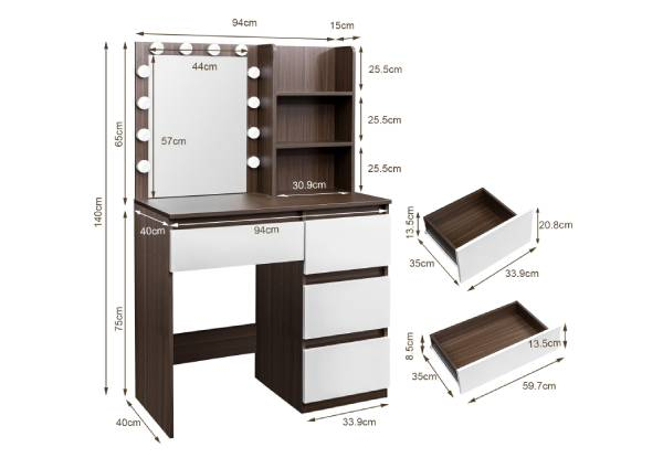 12 LED Mirror Vanity Dressing Table with Four Drawers & Three Compartments