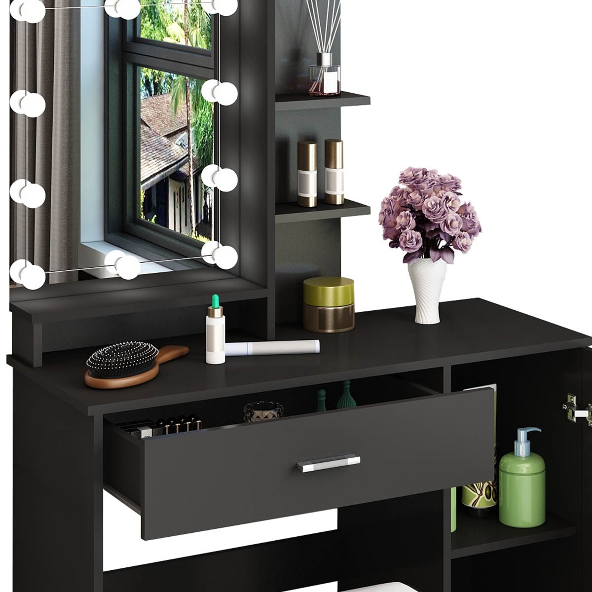 Black Makeup Vanity Table with Stool, Mirror & LED Lights