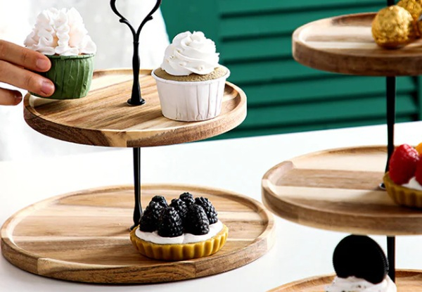 Soga Two-Tier Brown Round Wooden Dessert Tray