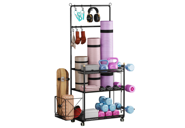 Gym Equipment Storage Rack with Hooks & Wheels